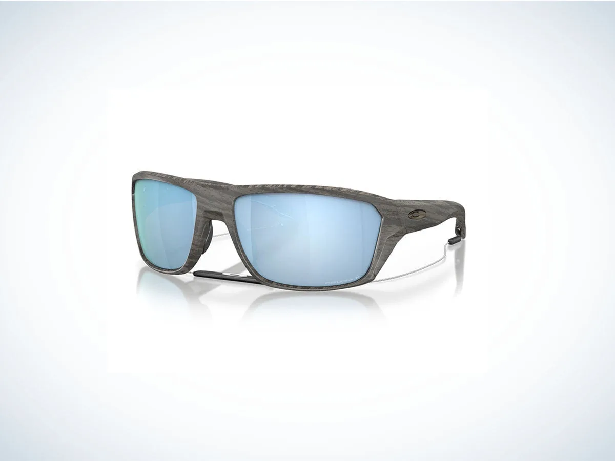 Gray Oakley Split Shot sunglasses with grey lenses and a safety head strap