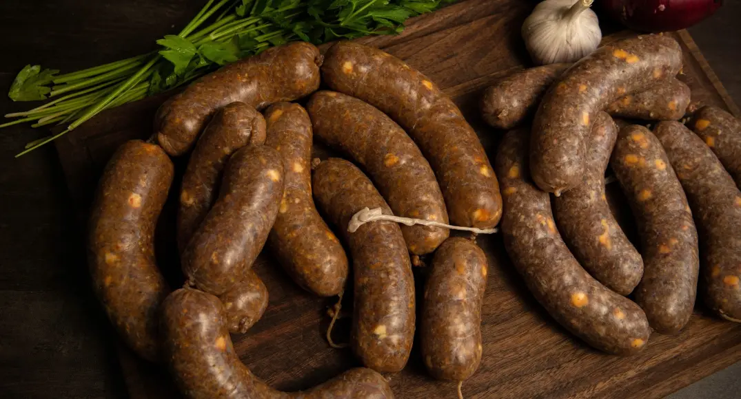 Sausage links on a cutting board.