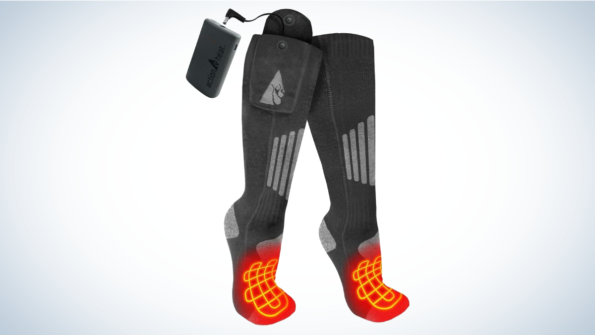 ActionHeat Rechargeable Heated Socks 2.0 on gray and white background