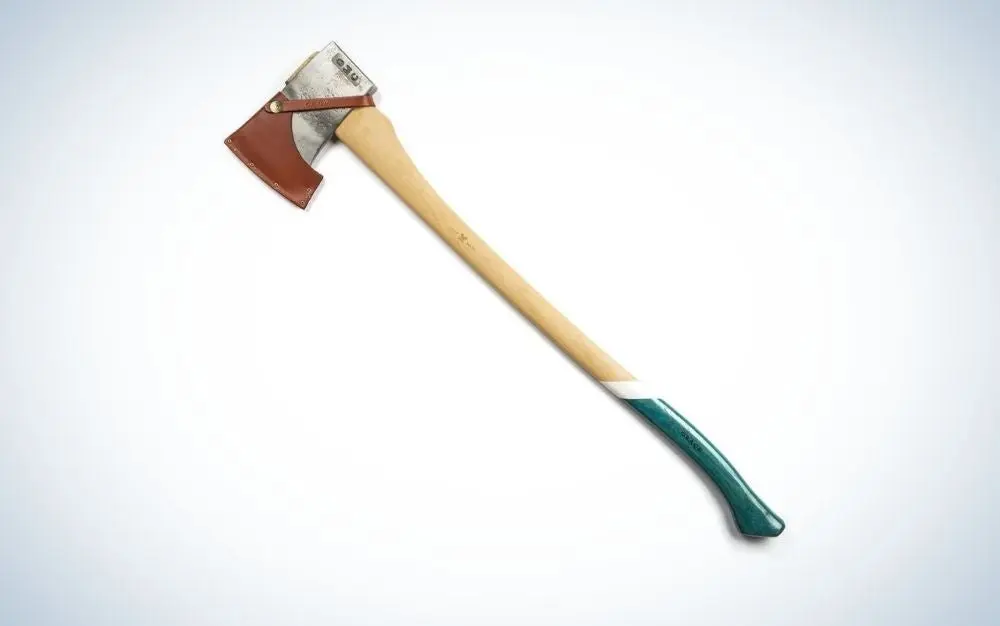 A axe with a long wooden tail and half of its green color, as well as its top touches the steel and covered in half with brown leather cover.