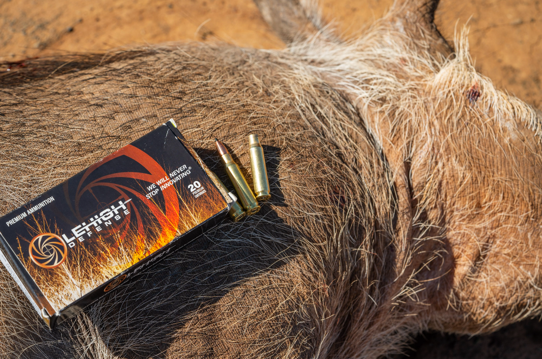 A box of Lehigh Defense Tipped Xtreme Chaos ammo resting on a warthog taken on a hunt.