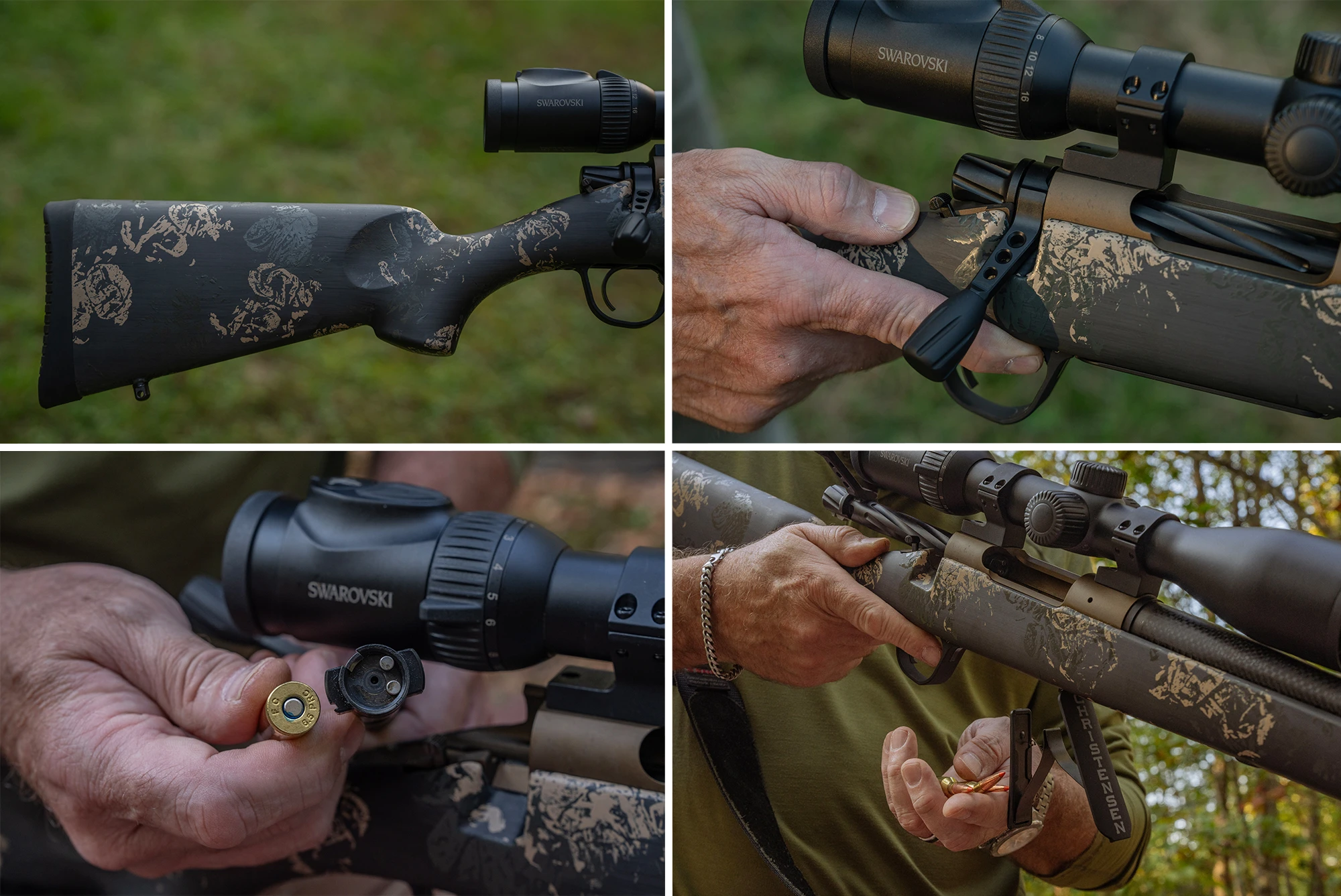 Closeup photos of the Christensen Arms Ridgeline FFT's stock, bolt, bolt face, and hinged-floorplate magazine. 