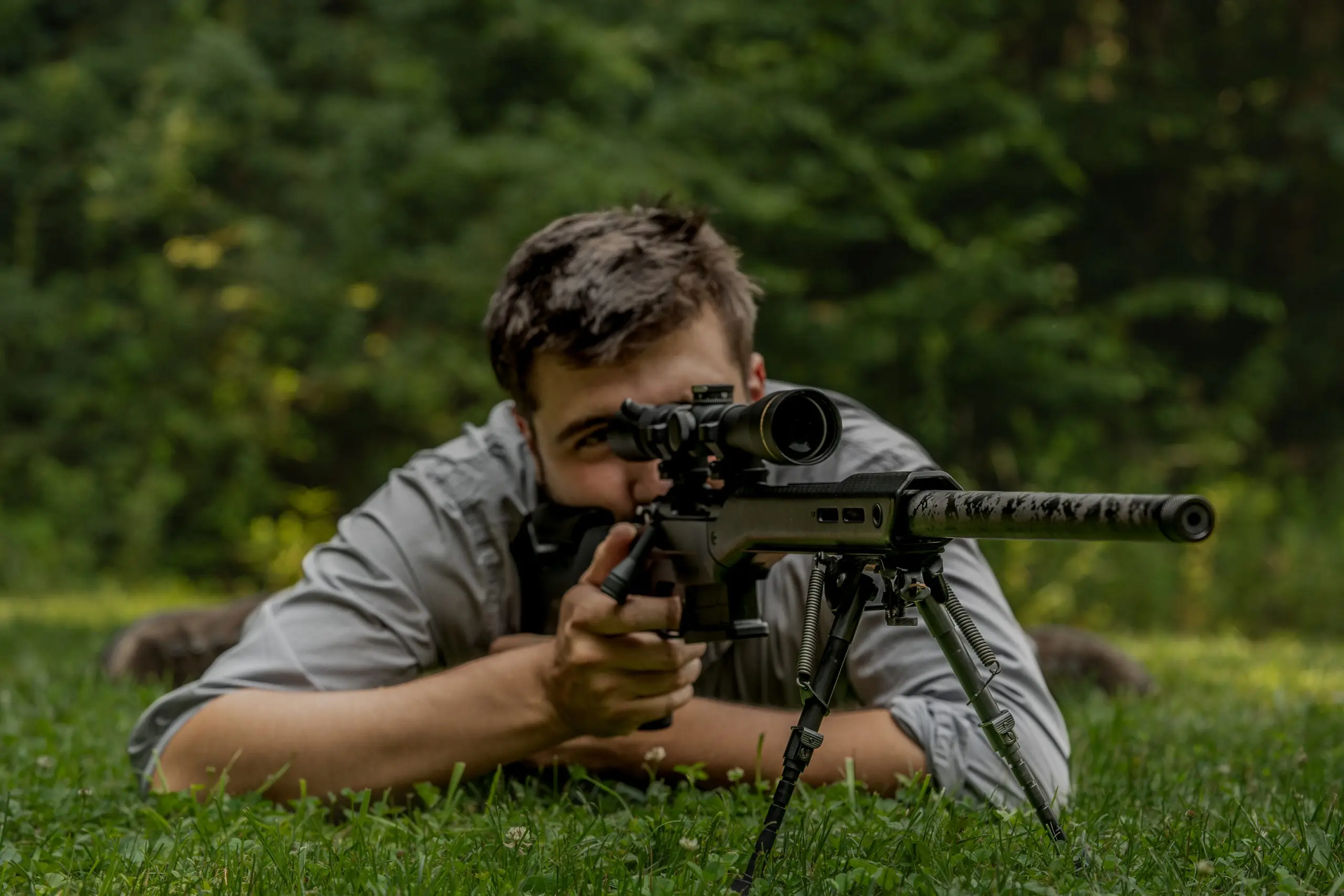 Test-panel member Matt Every shoots on rifle from the prone position