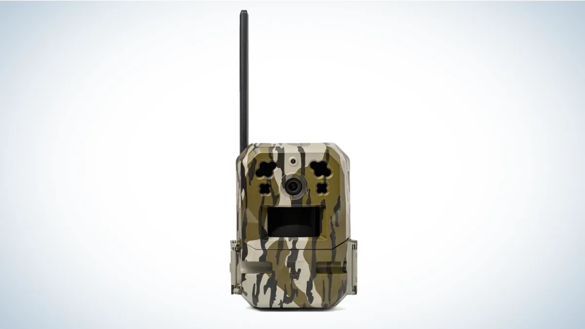 Moultrie Mobile Edge Pro Cellular Trail Camera on gray and white background