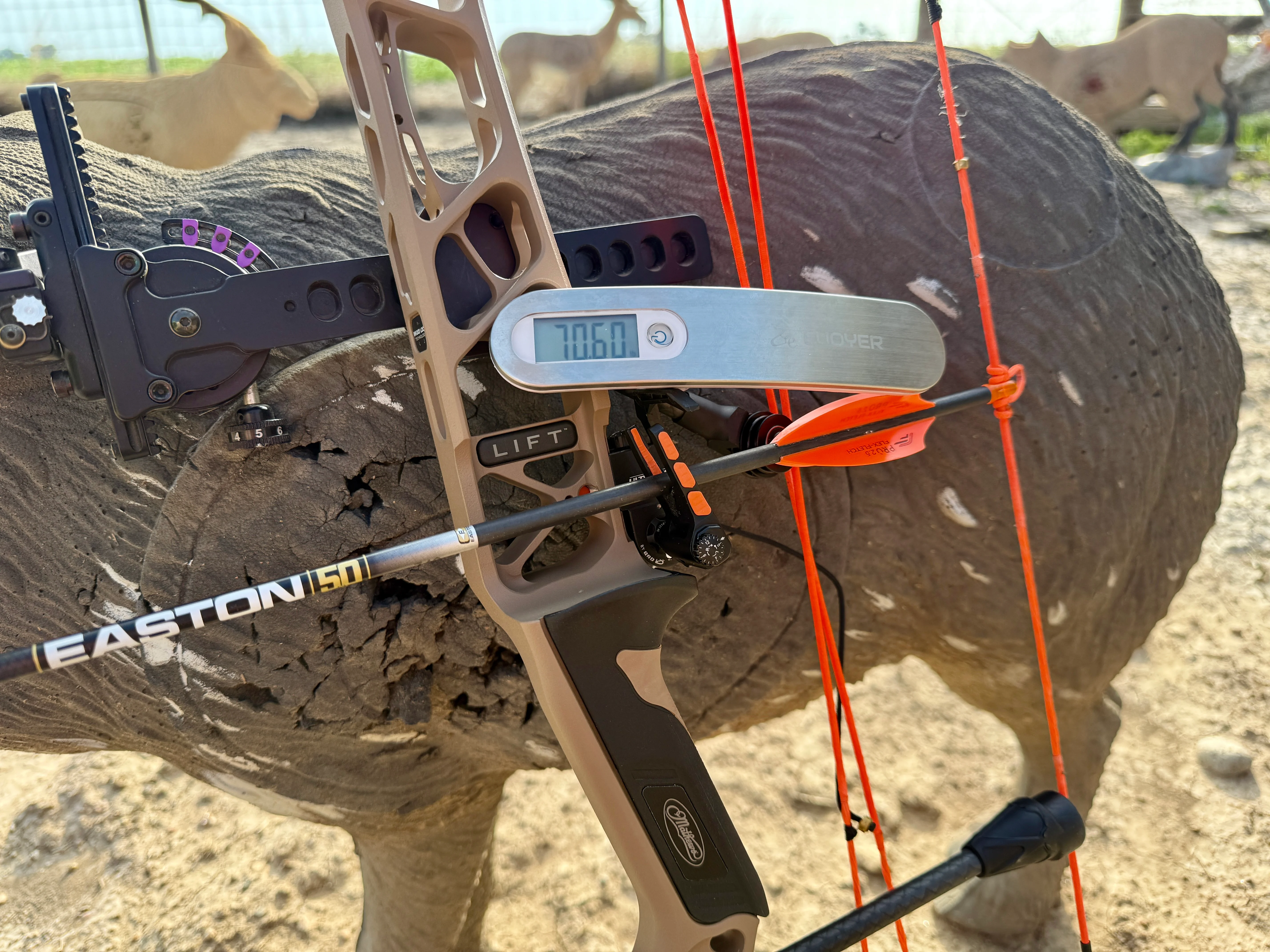 A draw weight scale showing 70.60 pounds on the Mathews Lift X compound bow. 