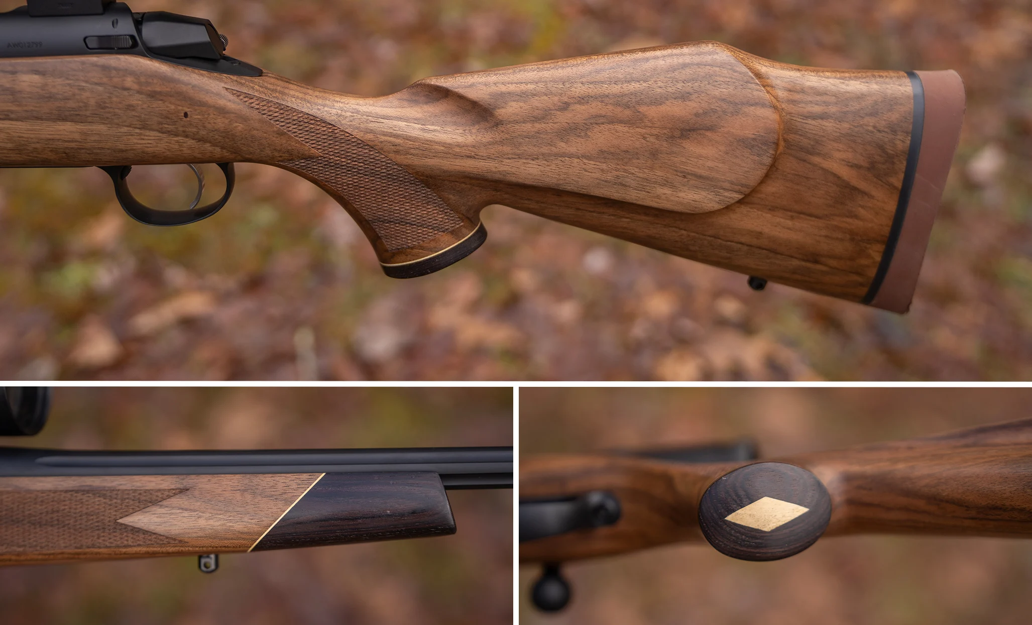 A grid of three photos showing the fancy walnut stock of the Weatherby Model 307 Adventure SD rifle. 