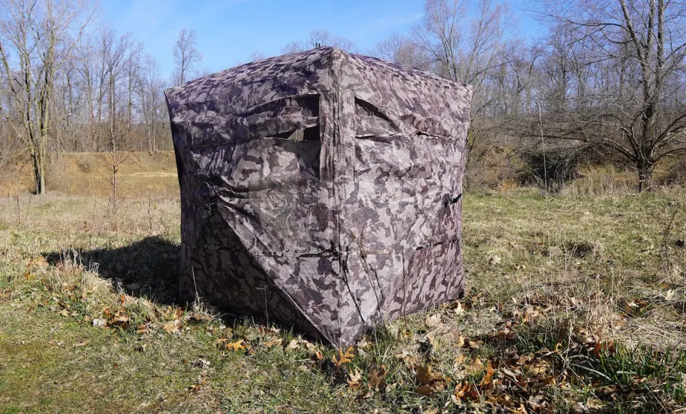 Muddy Prevue 2 Ground Blind set up in field