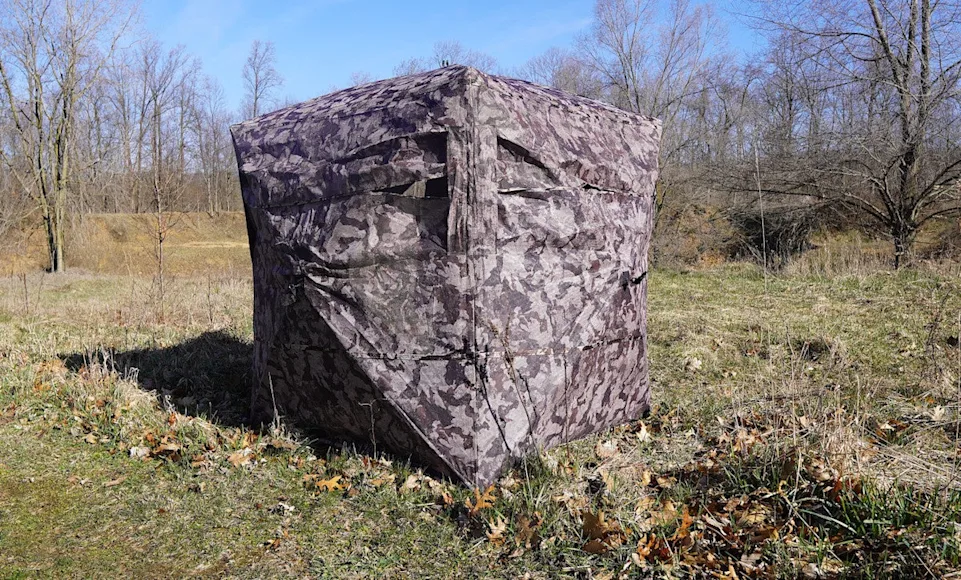 Muddy Prevue 2 Ground Blind set up in field