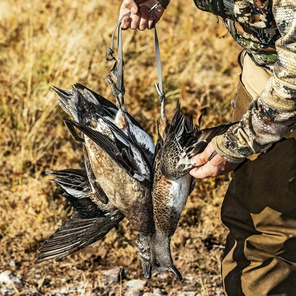 Hunter holding up a few ducks.