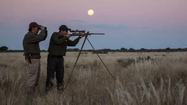 A hunter firing a rifle off shooting sticks in Africa with his guide watching through binoculars