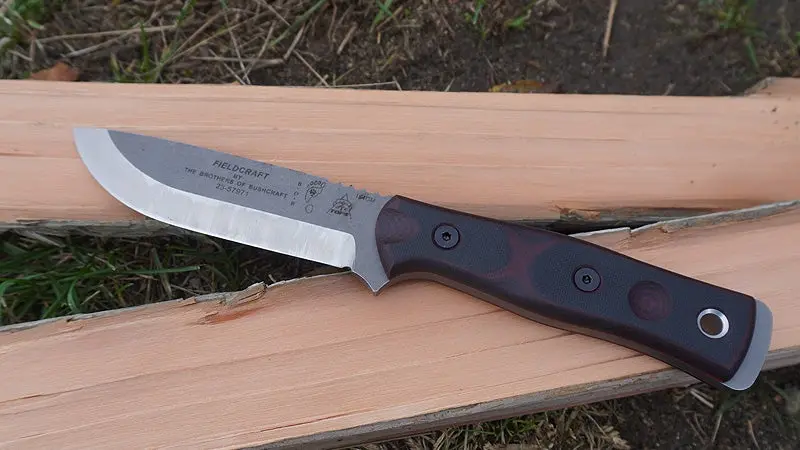 A silver, red, and black Tops B.O.B. Fieldcraft Hunter fixed blade knife sitting on a split log on a grassy lawn. 