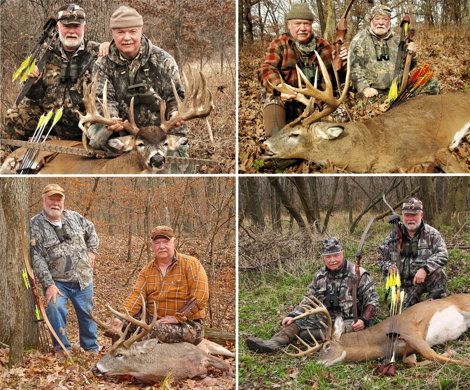 A grid of four photos showing Gene and Barry Wensel with big whitetail bucks. 