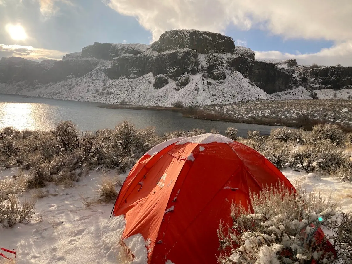 MSR Remote 2 Tent set up on snowy ground at campsite