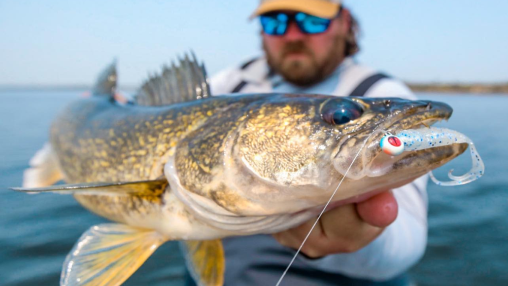 Man holding up walleye he caught with Northland Fishing Tackle lure on boat