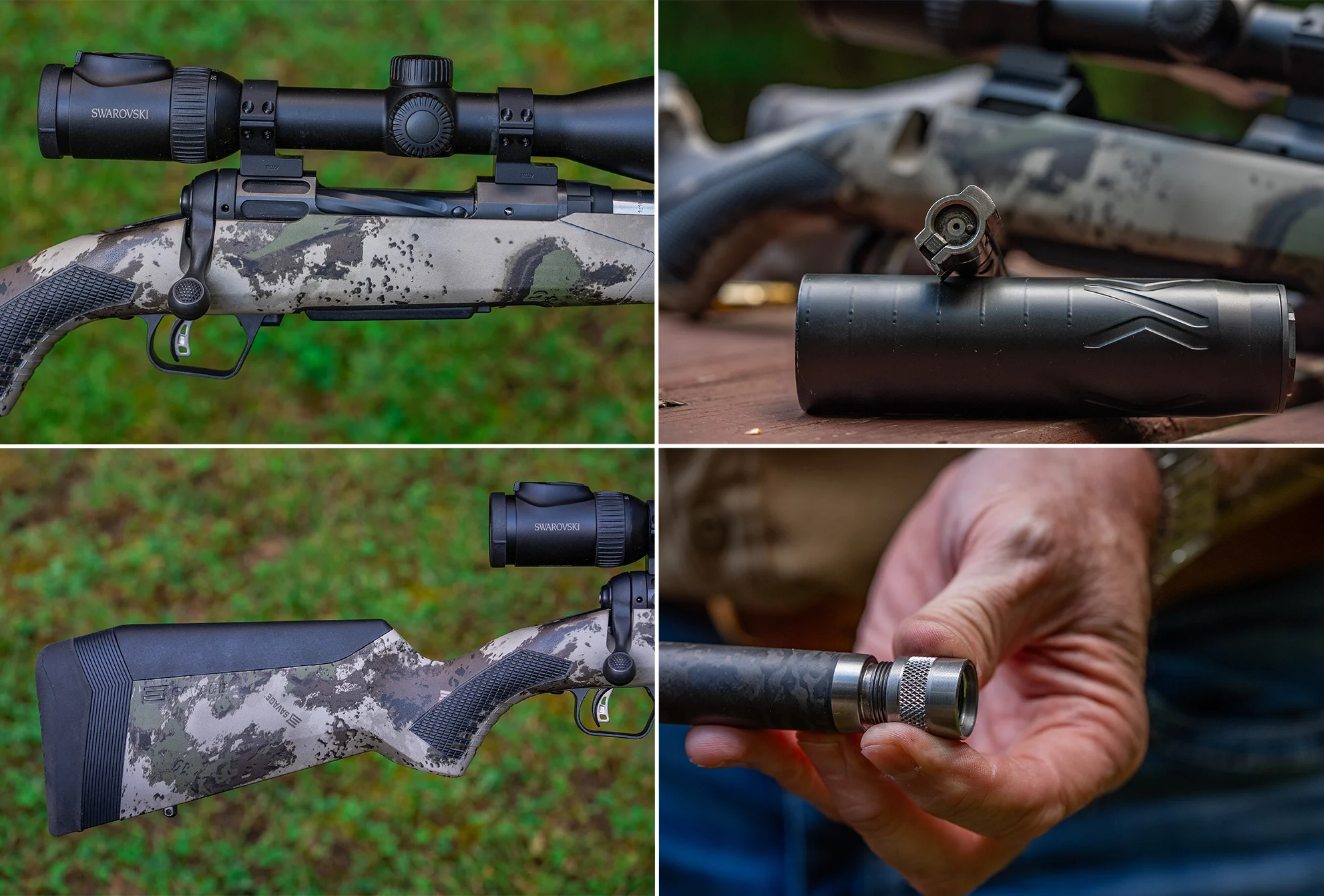 Closeup photos of the Savage Ultralite Camo's action, bolt, buttstock, and threaded muzzle.