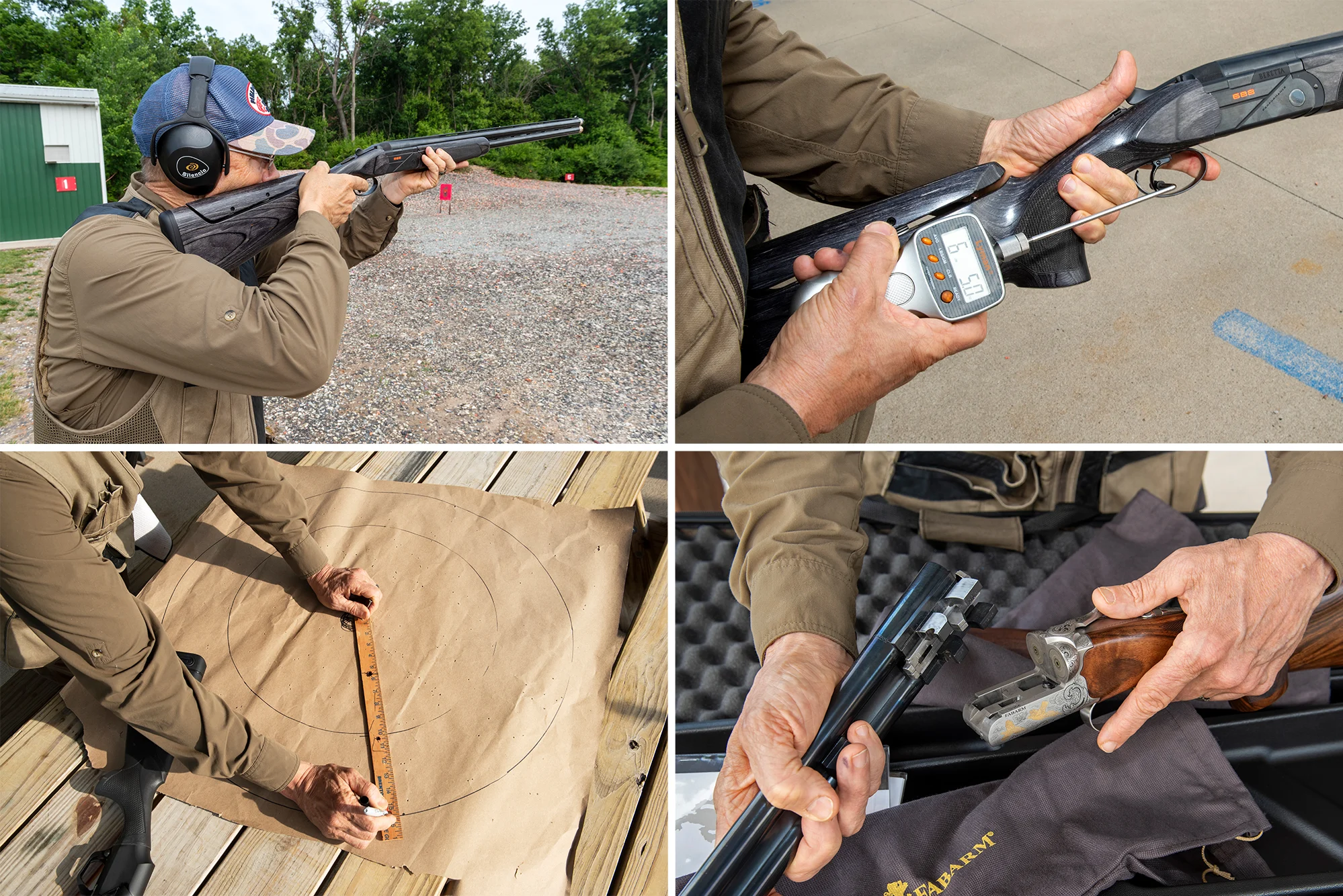 A collage of a tester shooting skeet, using a digital trigger scale, measuring a shotgun pattern, and inspecting a shotgun.