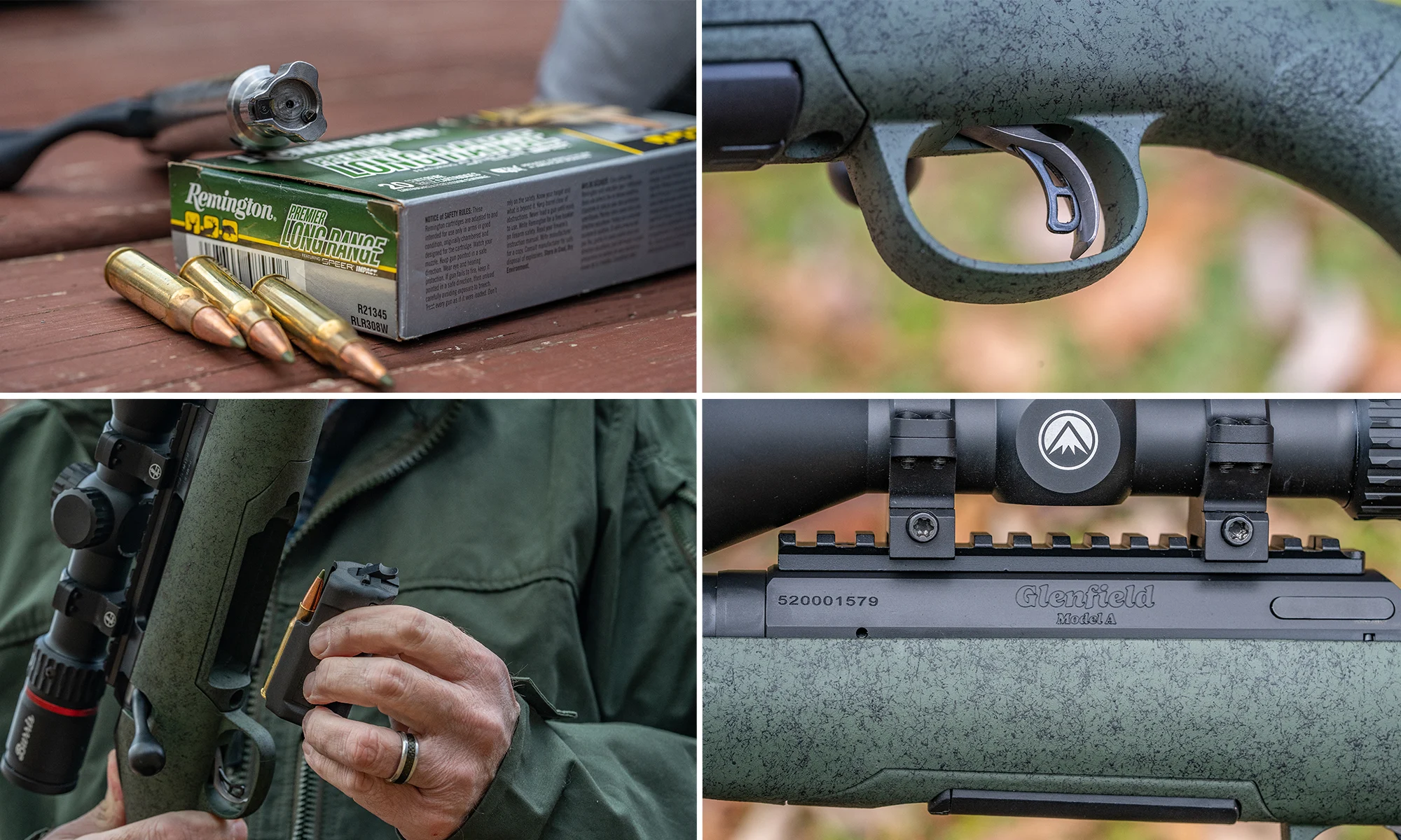 A grid of closeup photos showing the Glenfield Model A's bolt, trigger, magazine, and Pic rail. 