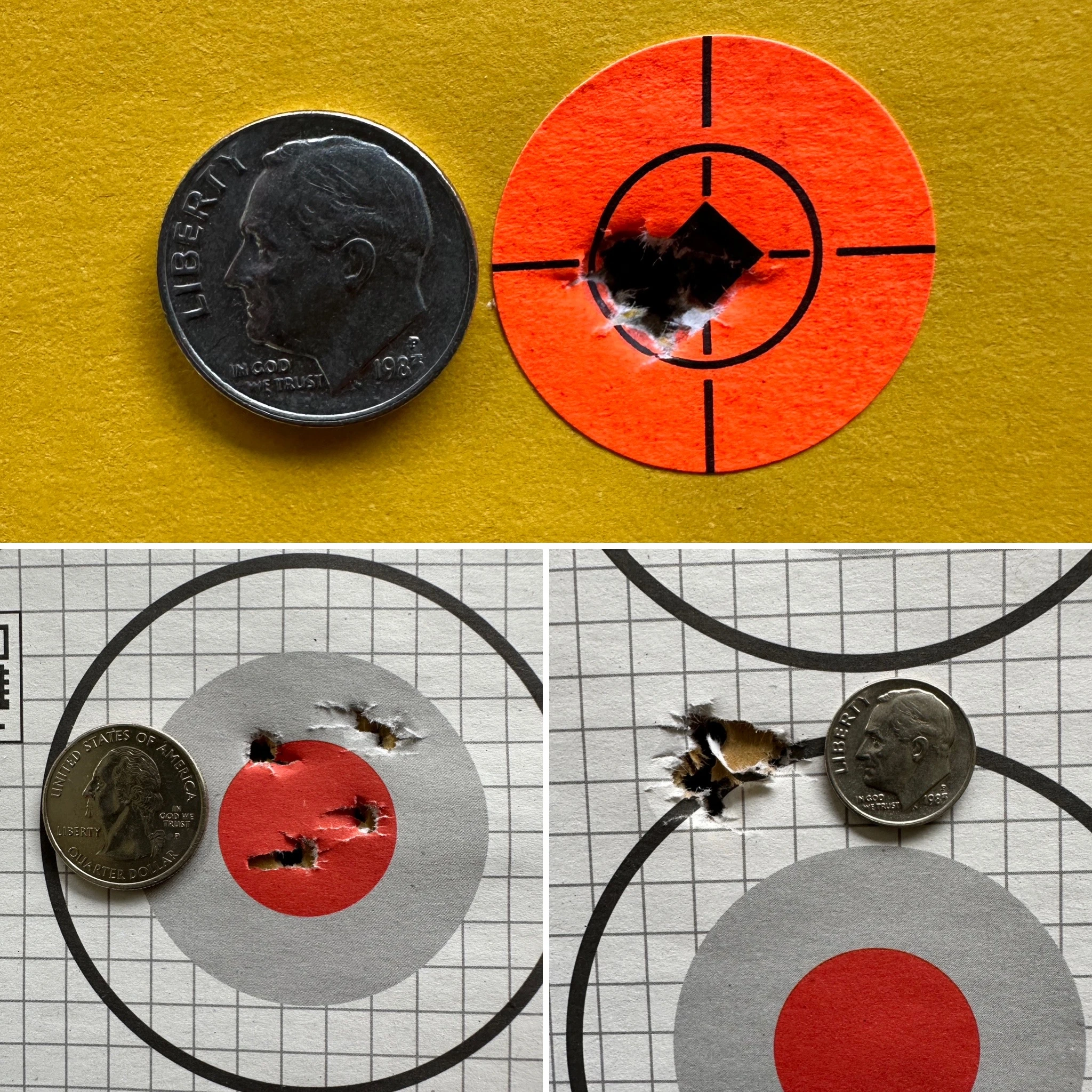 Collage of air rifle targets next to coins