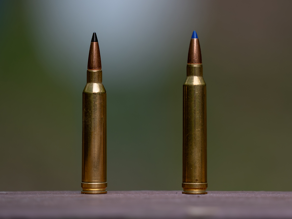 7mm Rem Mag vs 300 Win Mag loads resting on a board. 