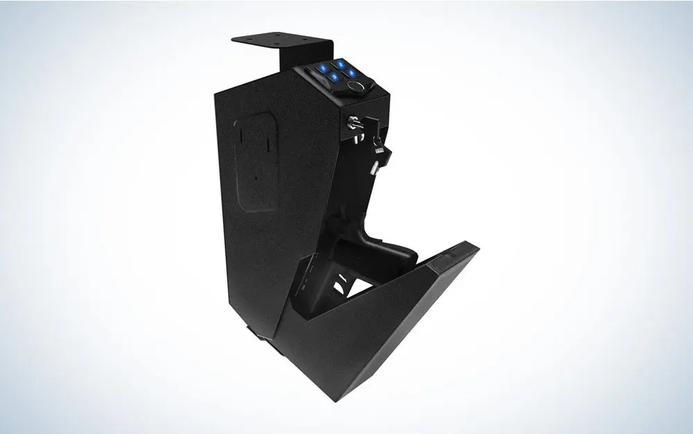 A black RPNB mounted safe with a handgun inside on a black and white gradient background.