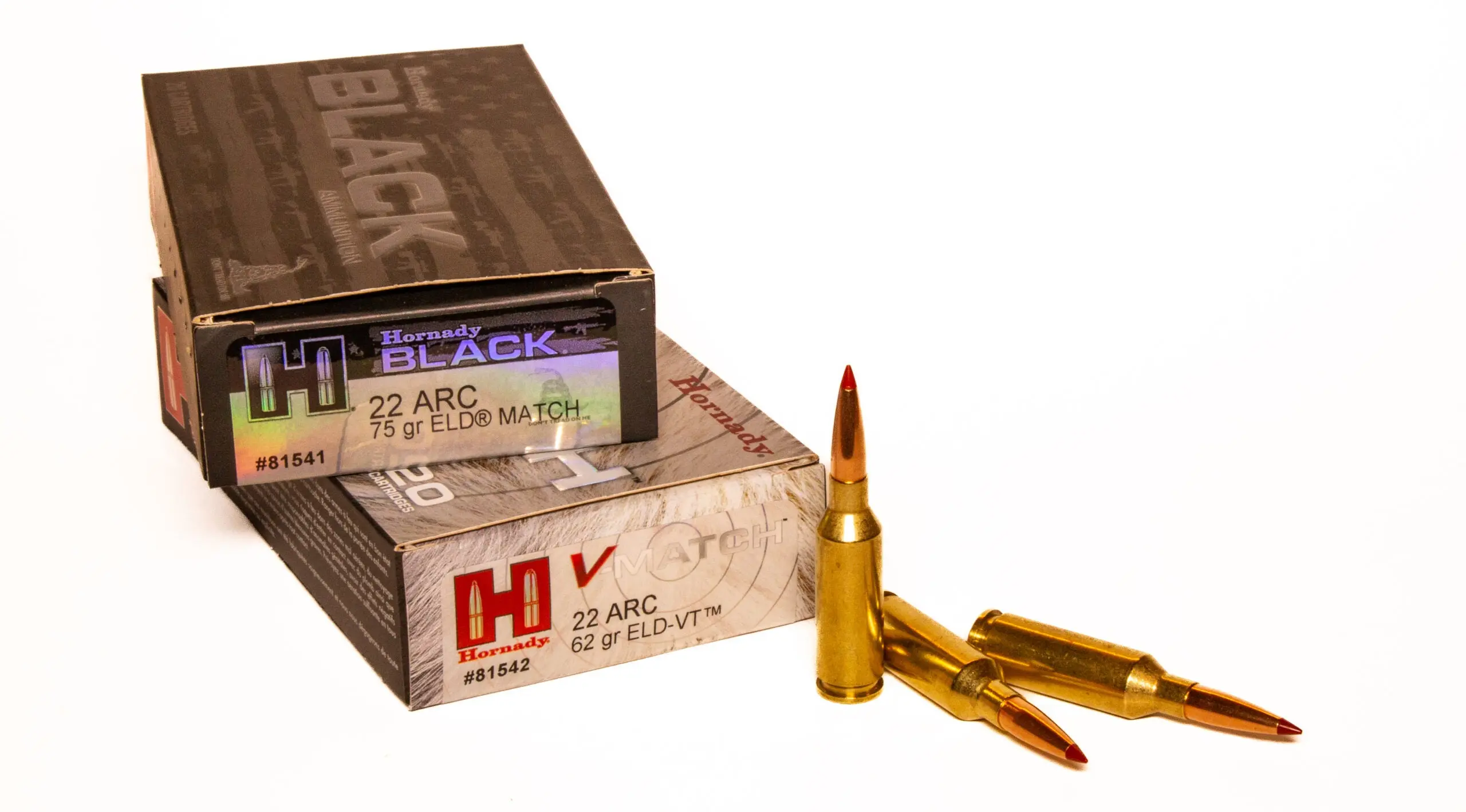 Two boxes of Hornady 22 ARC ammo with three loose cartridges on white background.