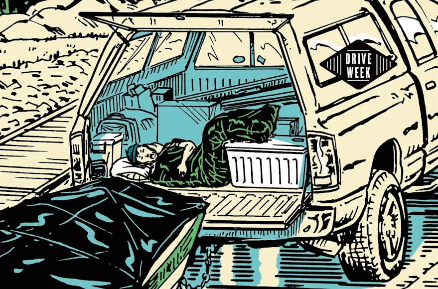 illustration of man sleeping in the back of the truck.