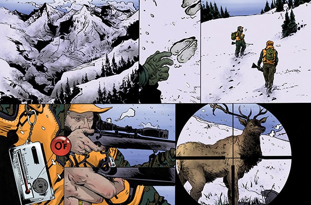 An illustration from an elk hunting story published in Field & Stream magazine. 