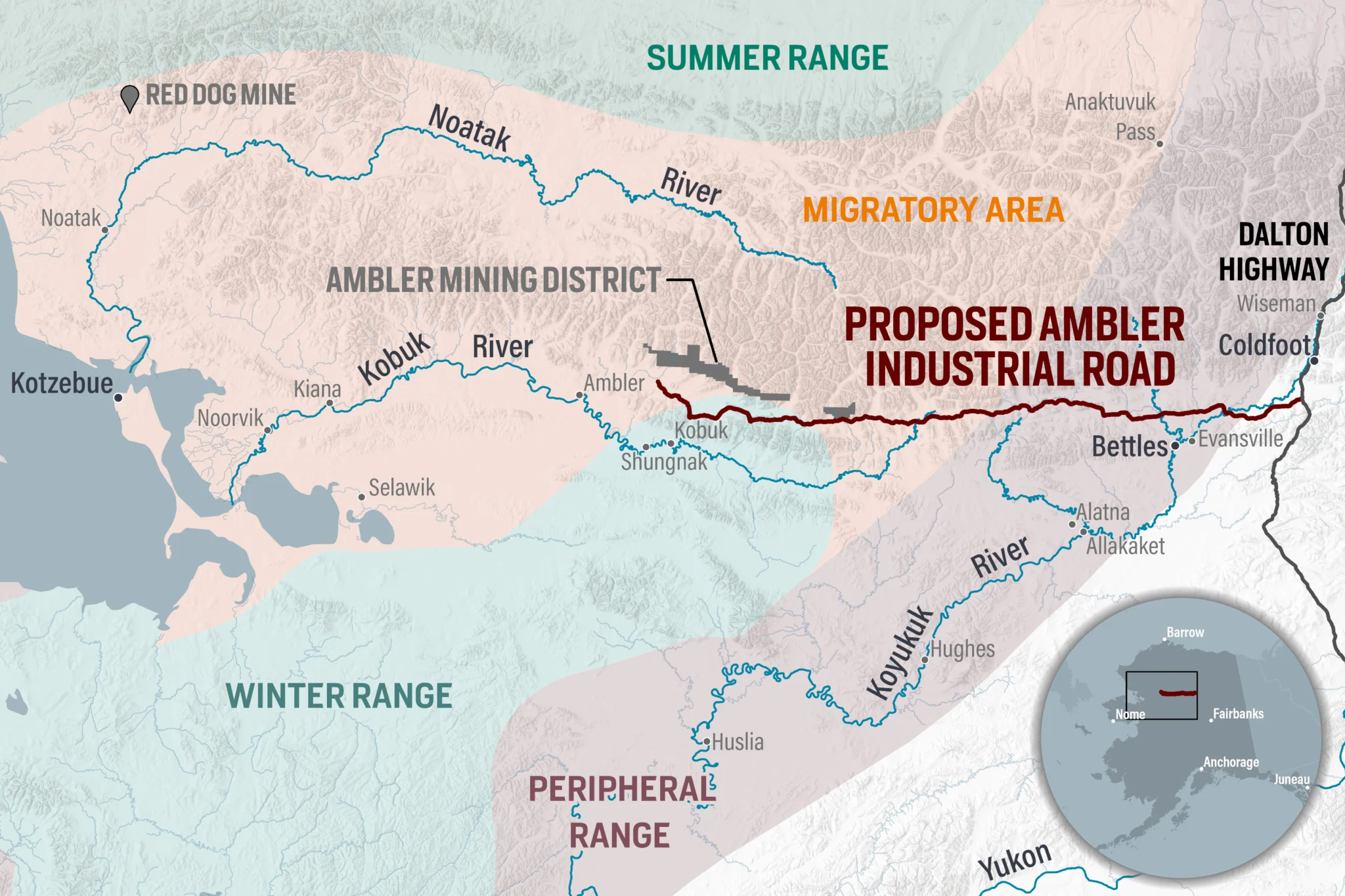 A map of proposed mining road that would cut through the heart of Alaska's Brooks Range. 