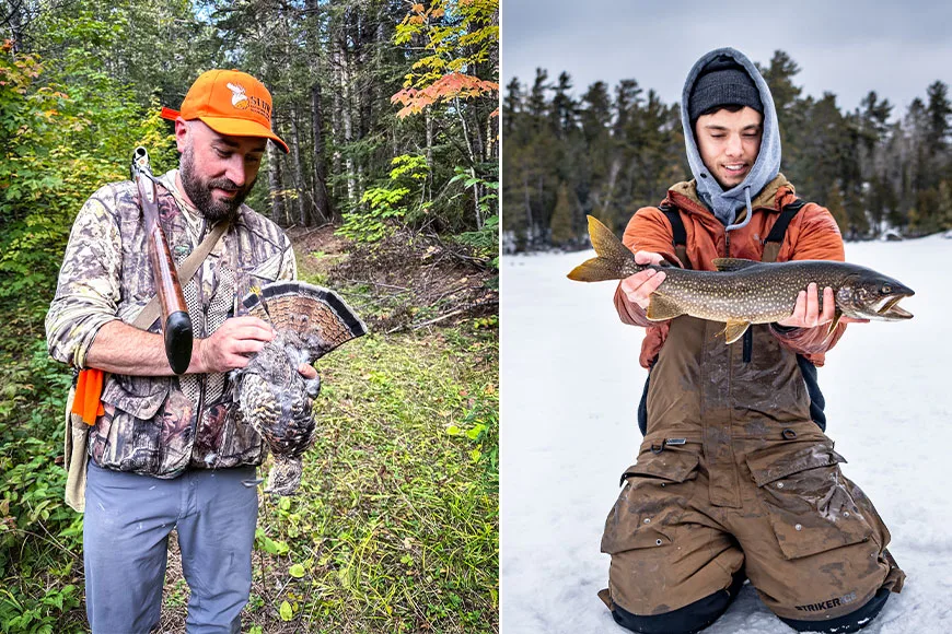 A grouse hunter and an ice fisherman pose for photos in the Boundary Waters Canoe Area Wilderness.