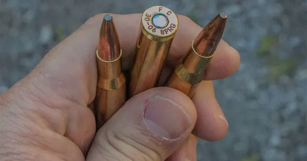 A hand holds three rifle bullets.