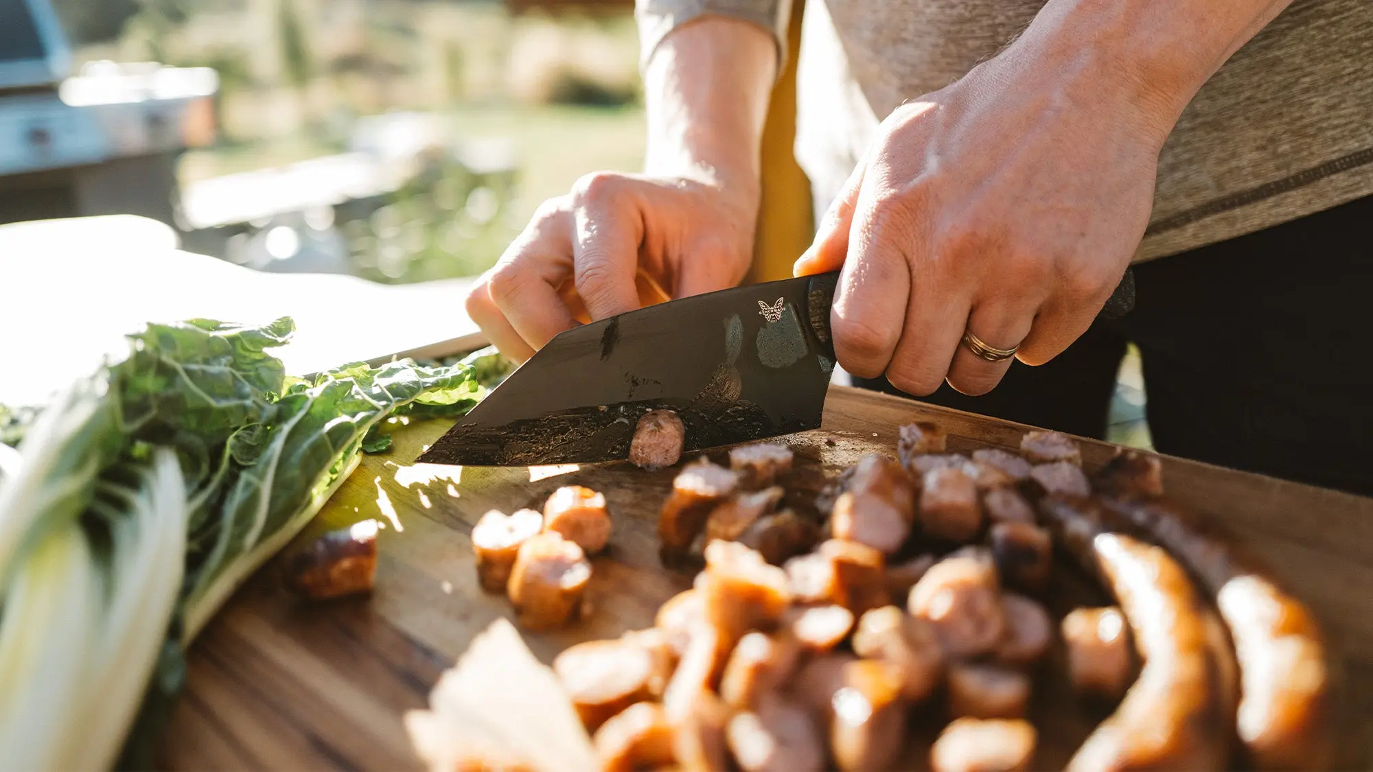 A sharp knife is crucial for cooking at camp.