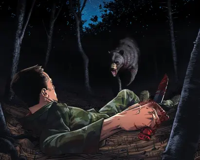 an illustration of a black bear coming to attack a hunter