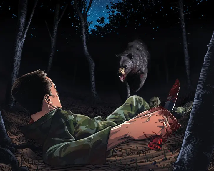 an illustration of a black bear coming to attack a hunter