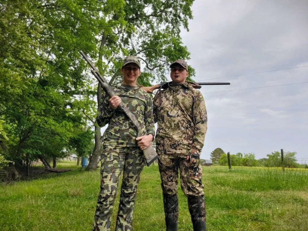 Mother and son turkey hunters wearing Sitka and Forloh gear