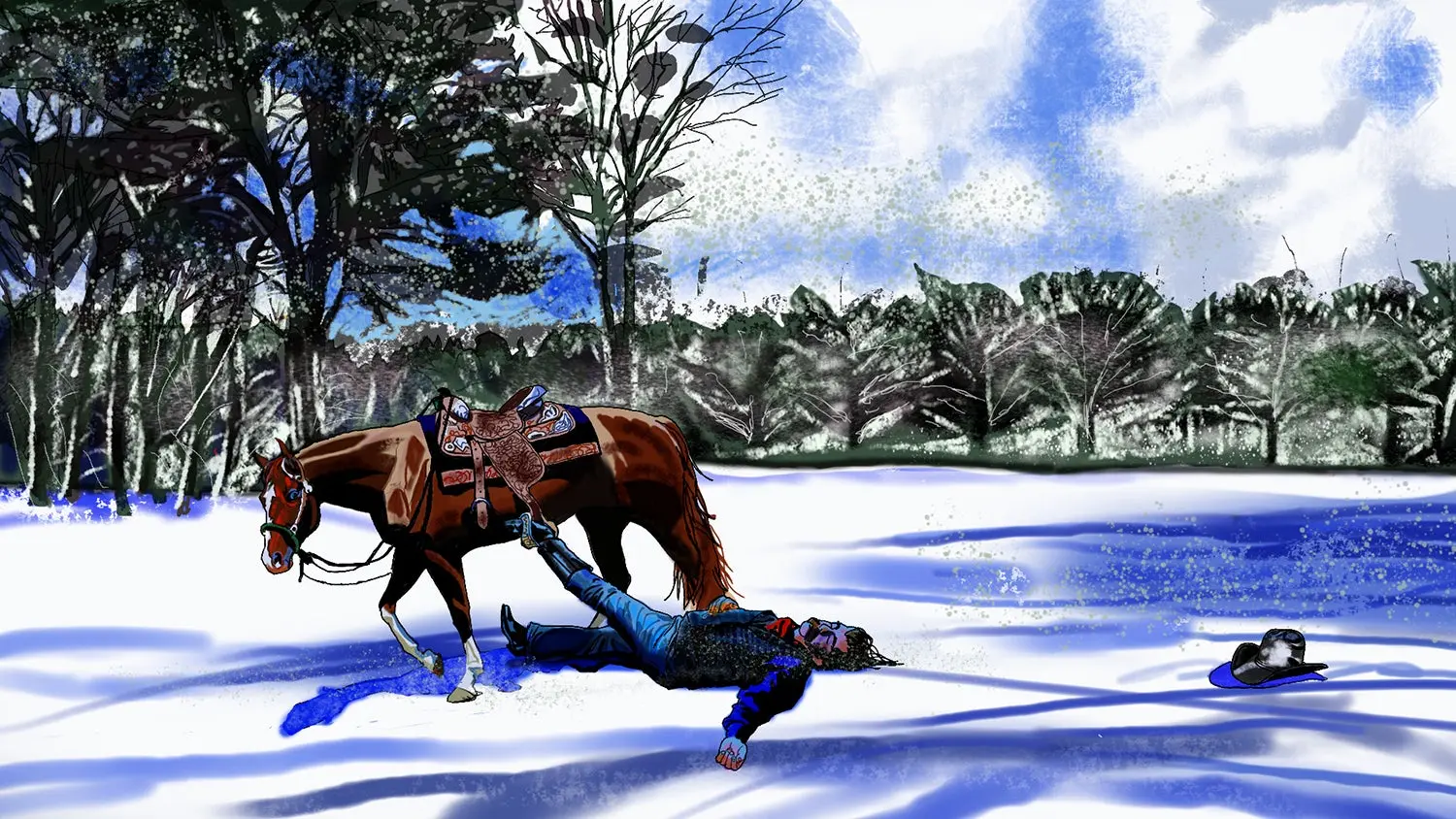 illustration of man fallen beside horse