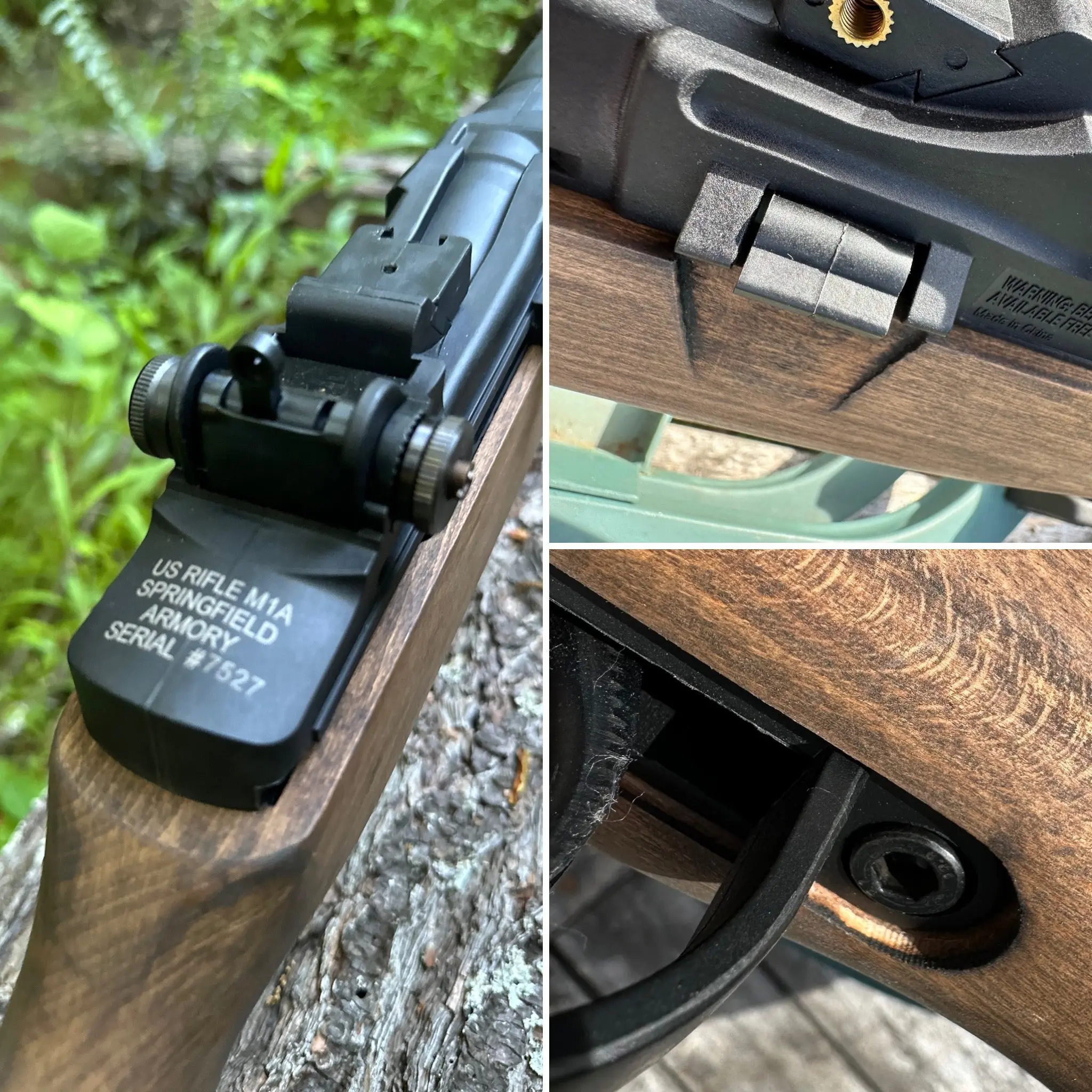 From left to right: The M1A breech and rear sight; the bear trap safety release, a close up of the stock.