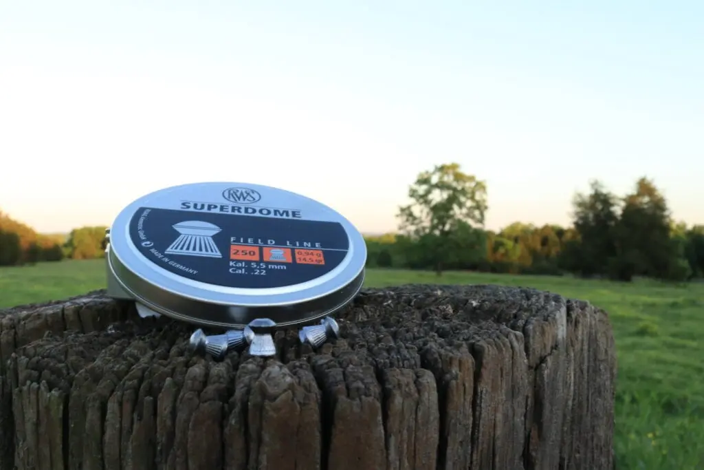 Tin of airgun pellets on a stump.