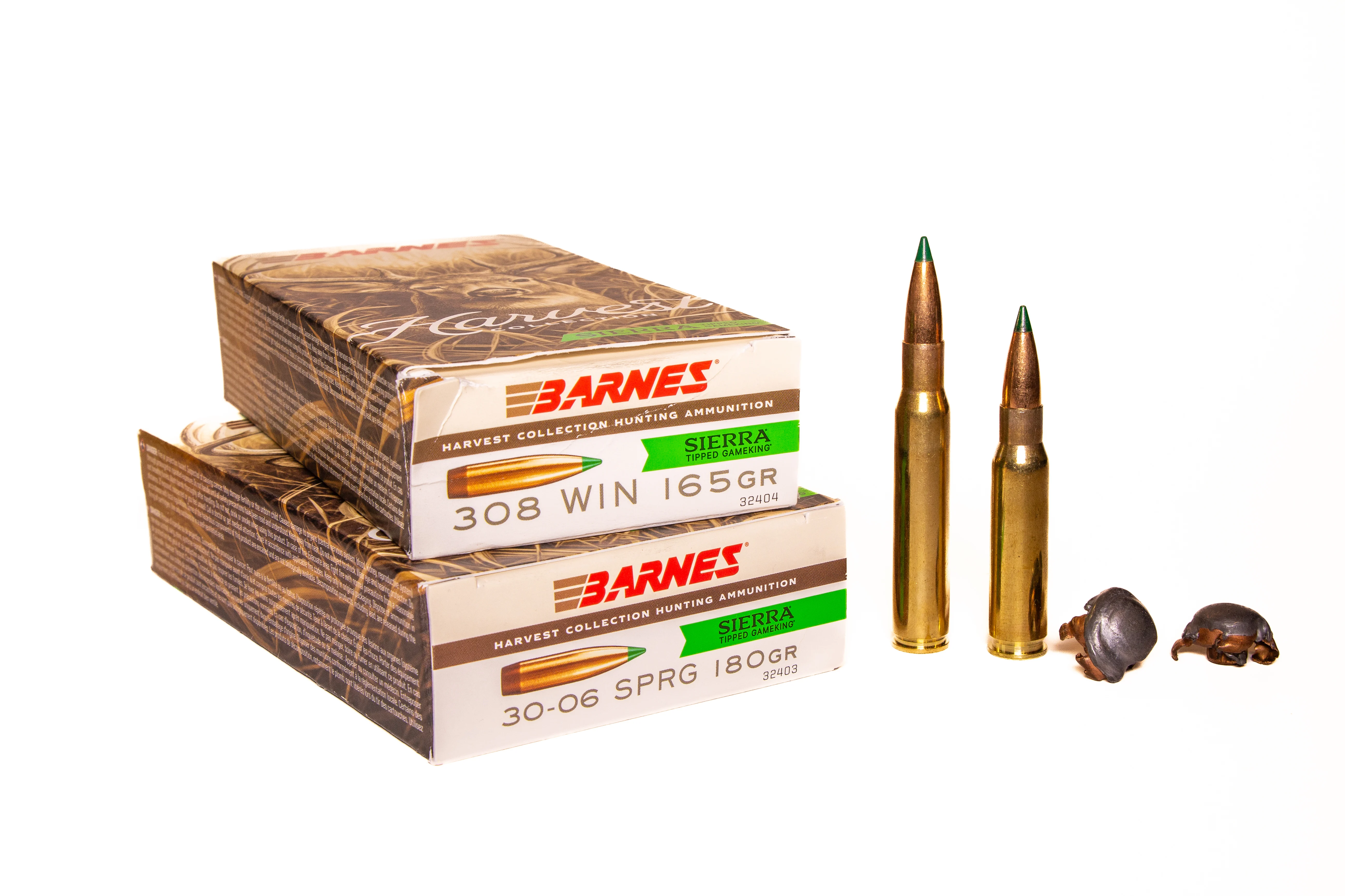 Barnes Harvest Collection ammo in 308 and 30-06 on a white background.