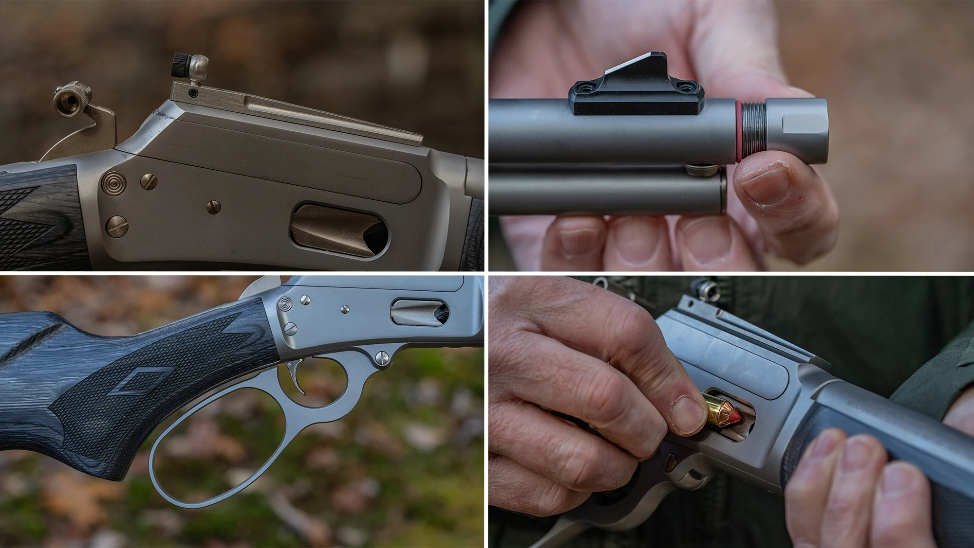 Four photos showing the Marlin 1894 Trapper receiver and peep sight; threaded muzzle and blade front sight; lever; and loading gate.