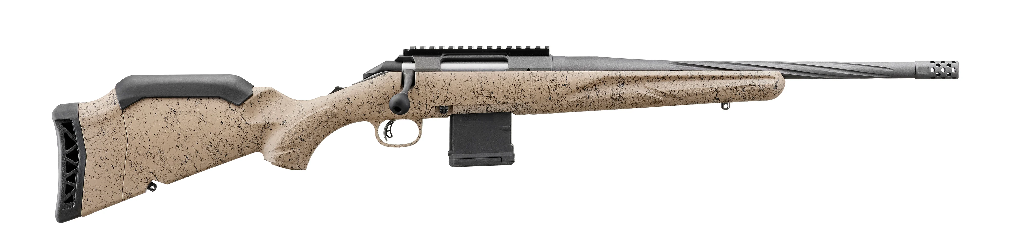 Ruger American Gen II Ranch bolt-action rifle on a white background is one of the best coyote rifles. 