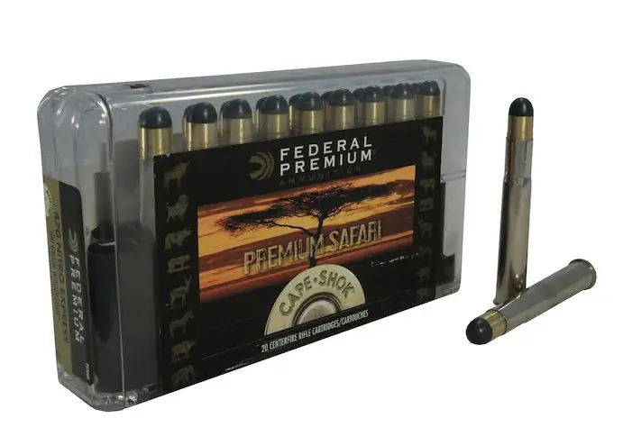 Federal Premium Cape-Shok ammo in .470 Nitro Express box on a white background.