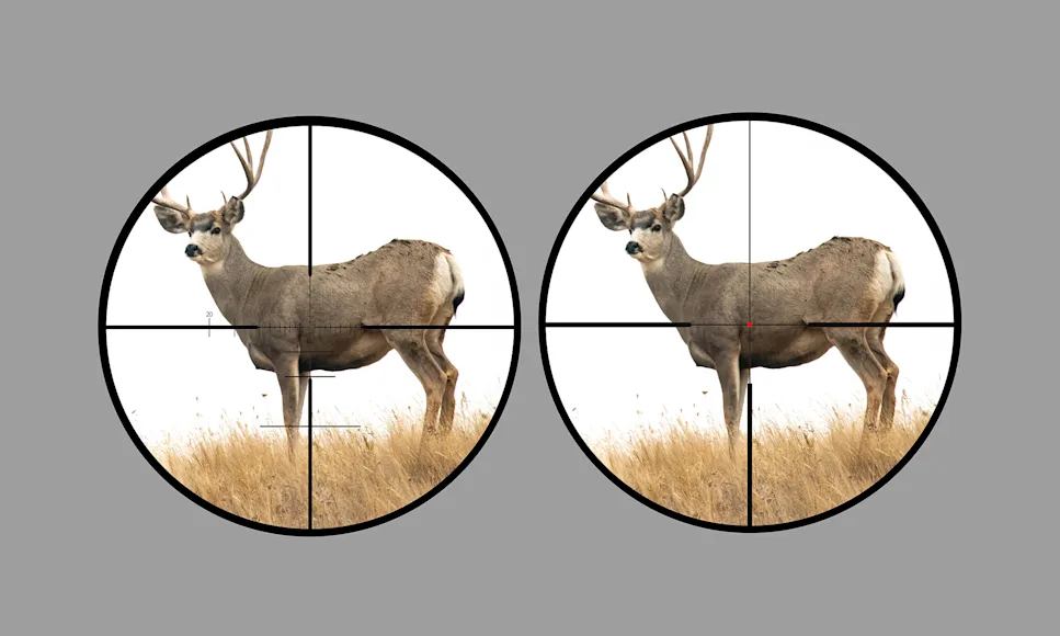 photo illustration showing ffp vs sfp scope reticles