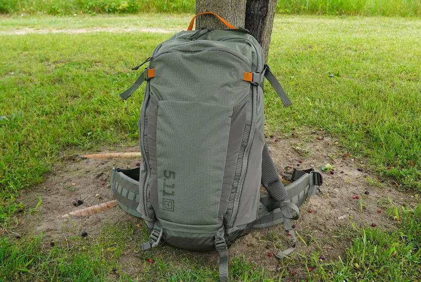 5.11 Tactical Skyweight backpack sitting on grass