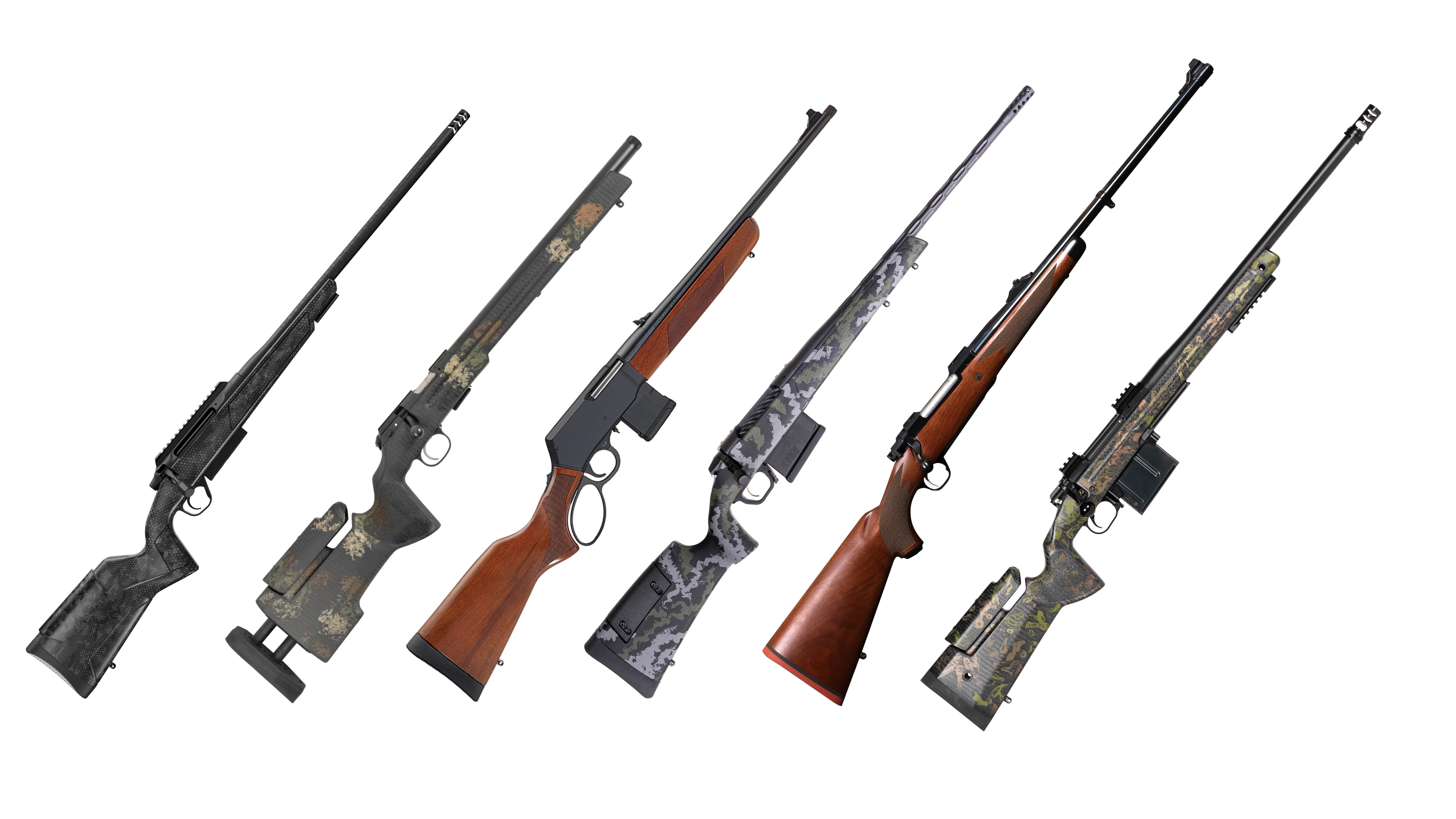 A lineup of new rifles for 2025 on a white background.