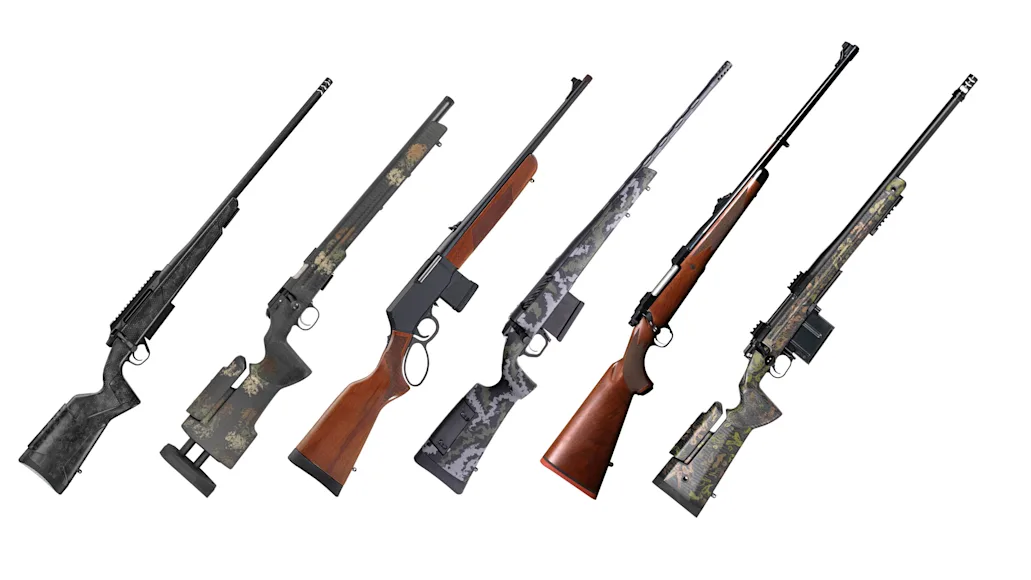 A lineup of new rifles for 2025 on a white background.
