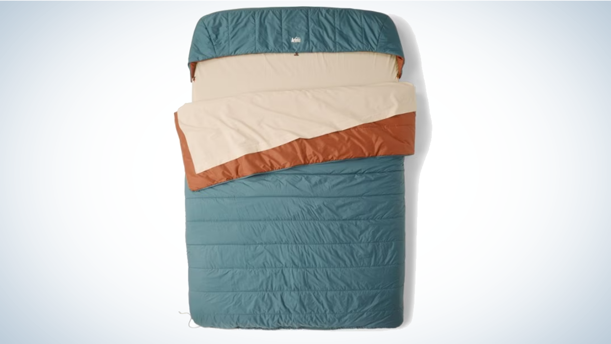 REI Camp Dreamer Double Sleeping Bag on gray and white background