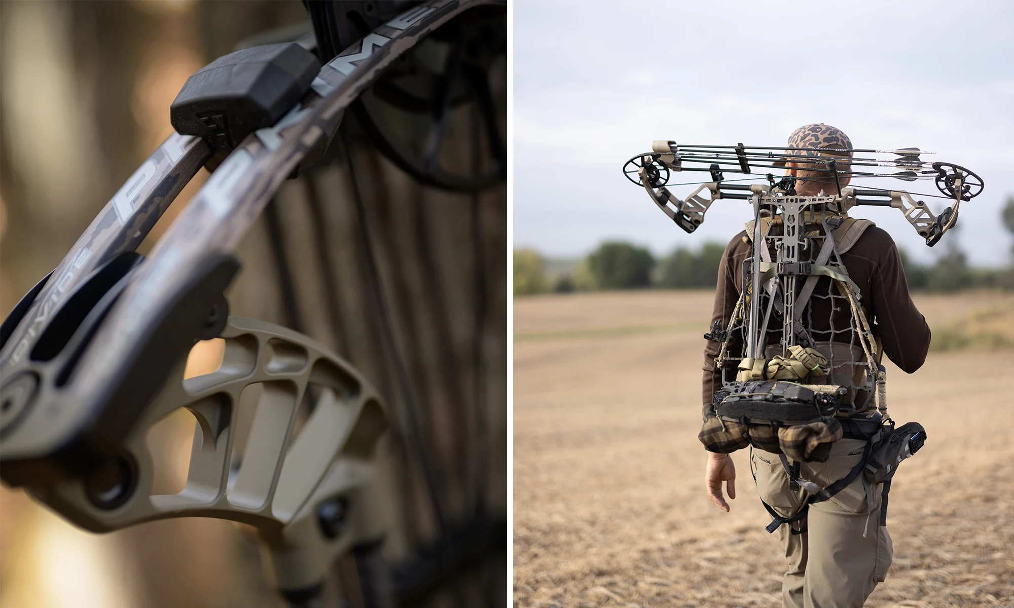Closeup of Prime Divide bow in the field, left, and being carried by a hunter, right.