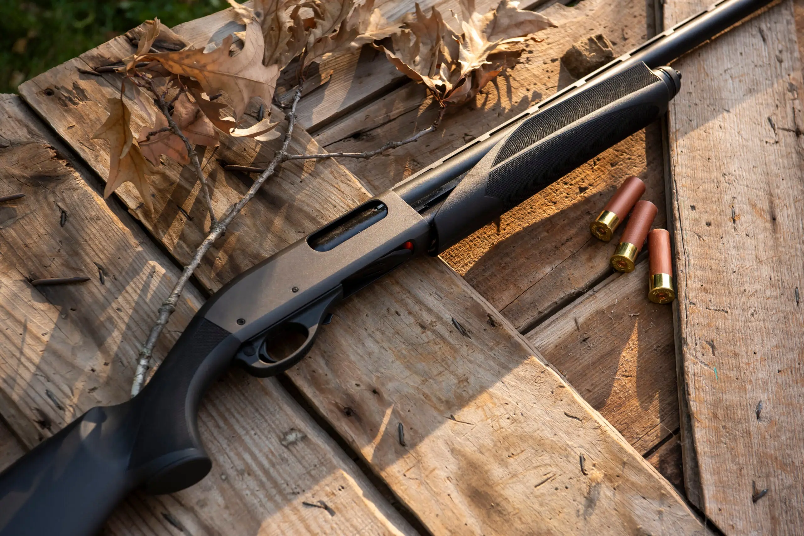 Closeup of the new Remington 870 Sythetic shotgun's action, with leaves and shells nearby.