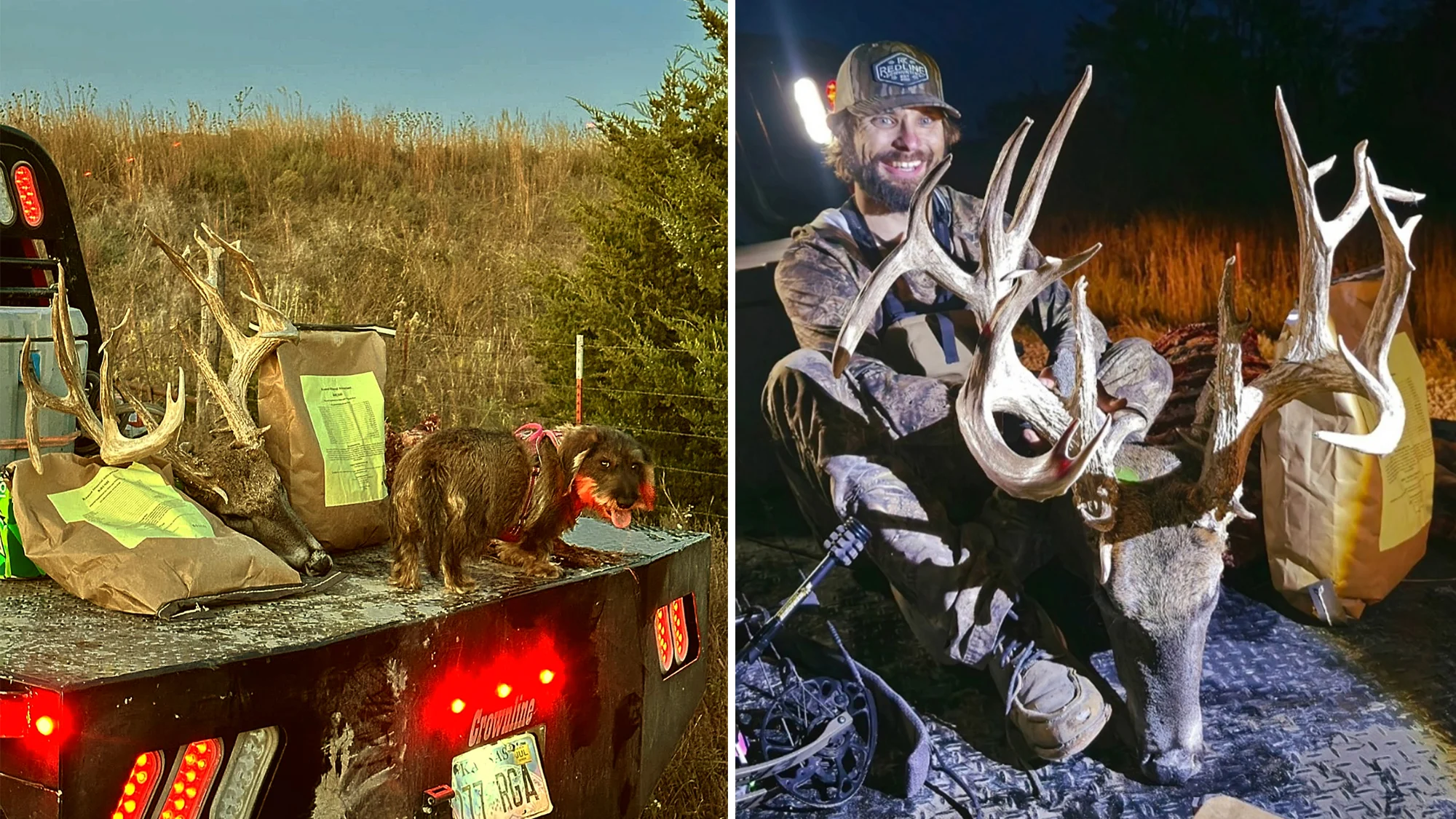 A trophy whitetail buck and a dog on a truck bed, left, and a hunter posing with the buck in the truck bed, right.