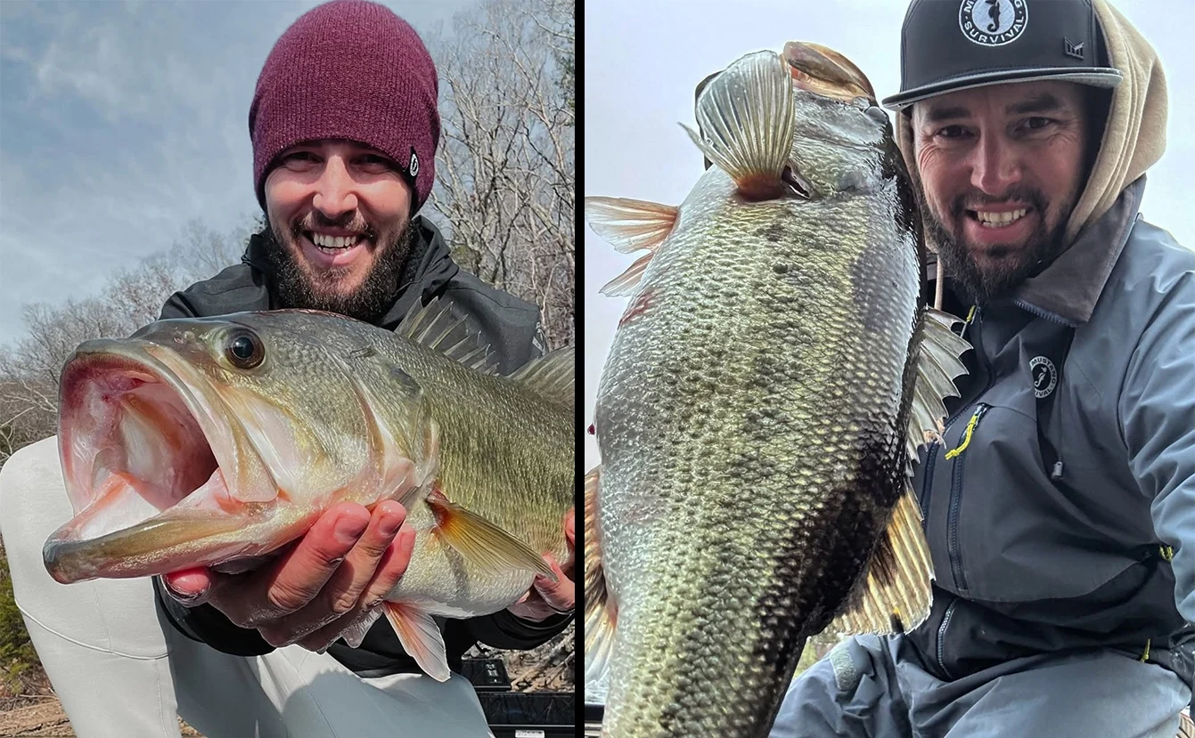 Two photos of angler holding bass